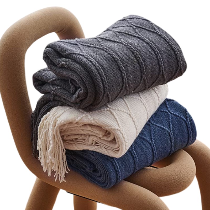 Throw Blanket Chunky Knit - Vintage kaki grijze marineblauwe gebreide deken